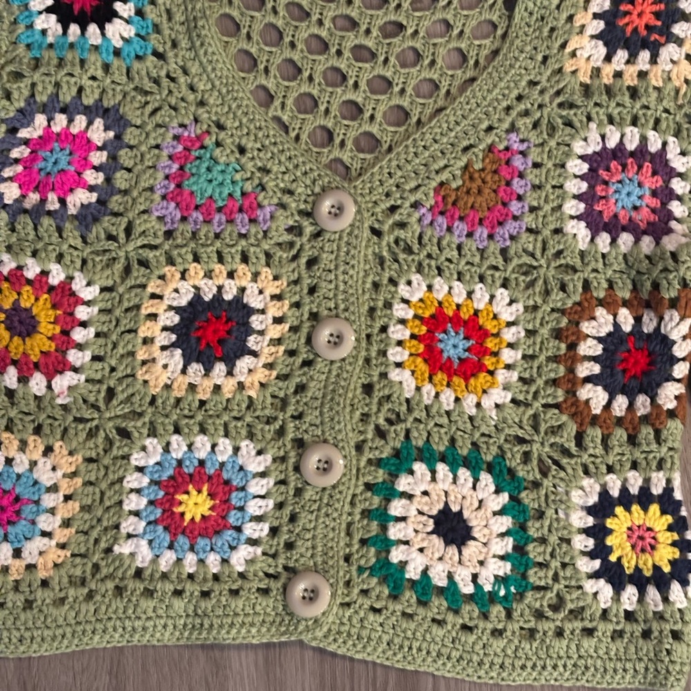 Olive Green Crocheted Patchwork Button-Front Card… - image 2